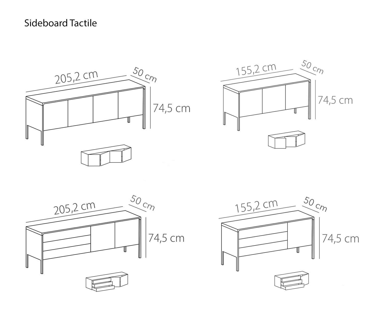 Designbuffet van Punt Tactile 3 deuren Schets Afmetingen Afmetingen