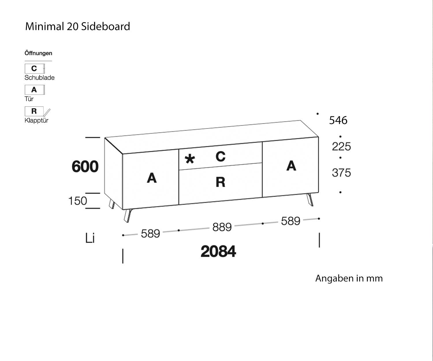 Dressoir MInimal van Livitalia Schets Afmetingen Maten