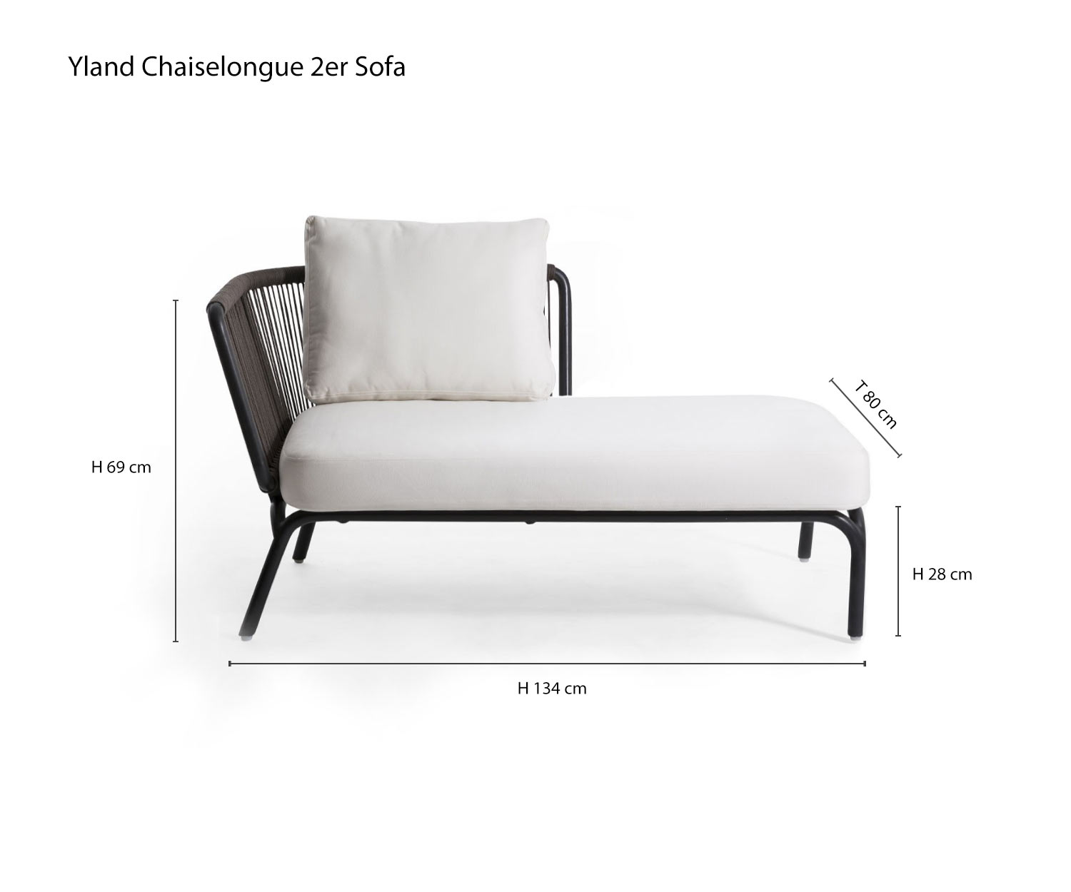 Chaise longue 2-zits designbank Yland van Oasiq Schets Afmetingen Maatinformatie