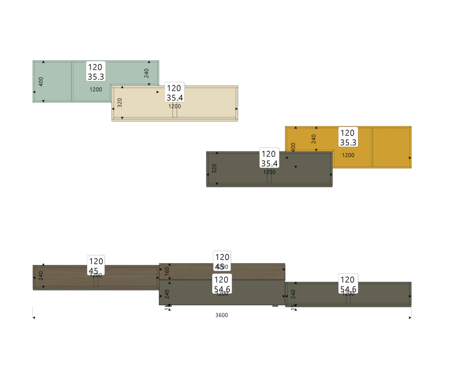 Tetris Design wandmeubel C20 Schets Maten Afmetingen