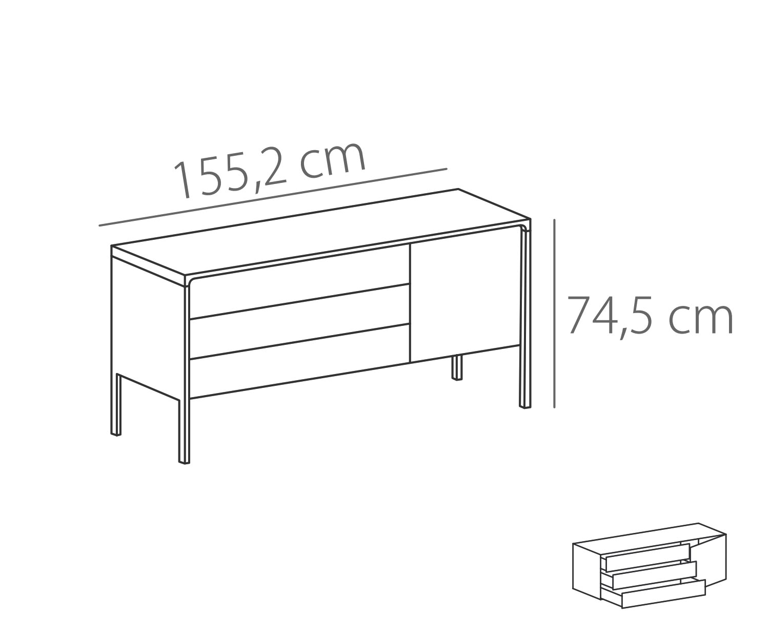 Punt Dressoir Tactiel Eik Wit Tactiel B 155 3 laden + 1 deur Schets