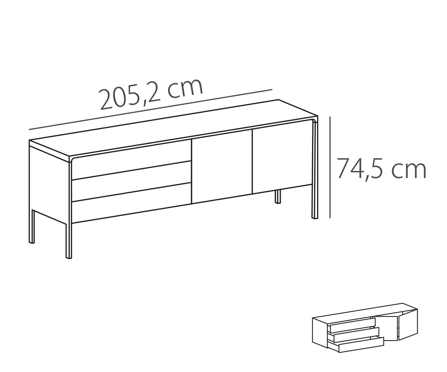 Punt Dressoir Tactiel walnoot Walnoot Tactiel B 205 3 laden + 2 deuren Schets