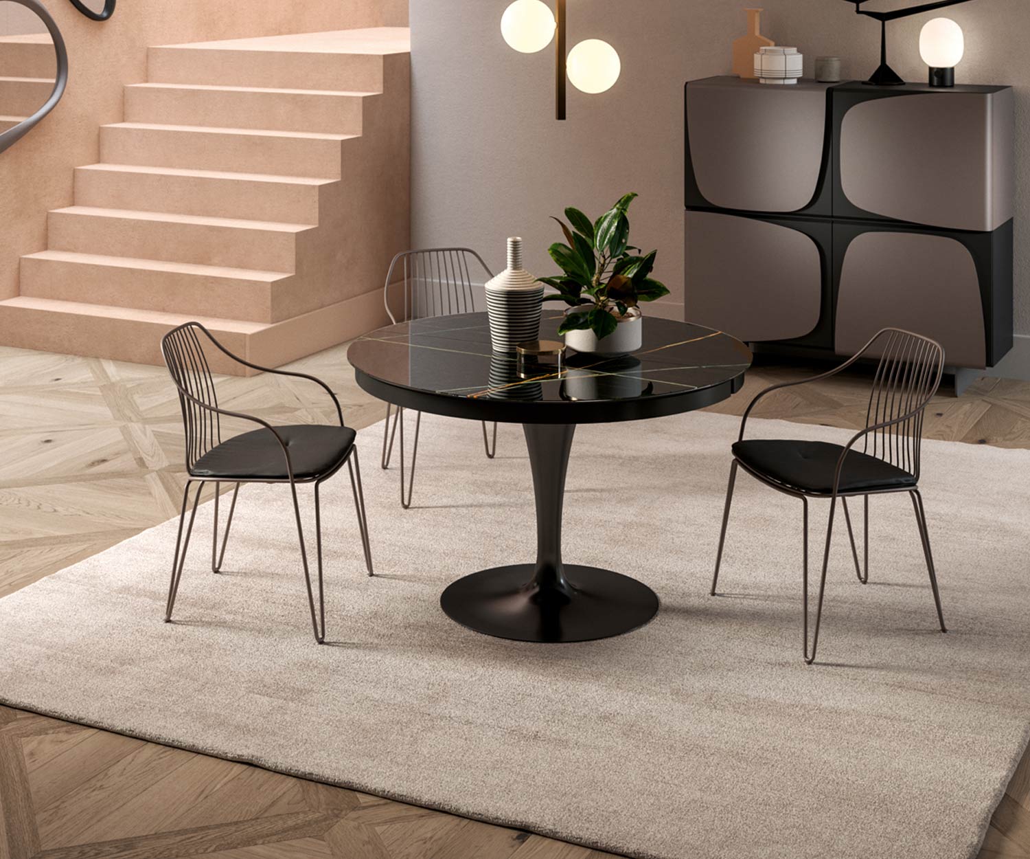 Ozzio Tafel Eclipse rond Marmer Glas Sahara Noir Zwart Frame Zwart