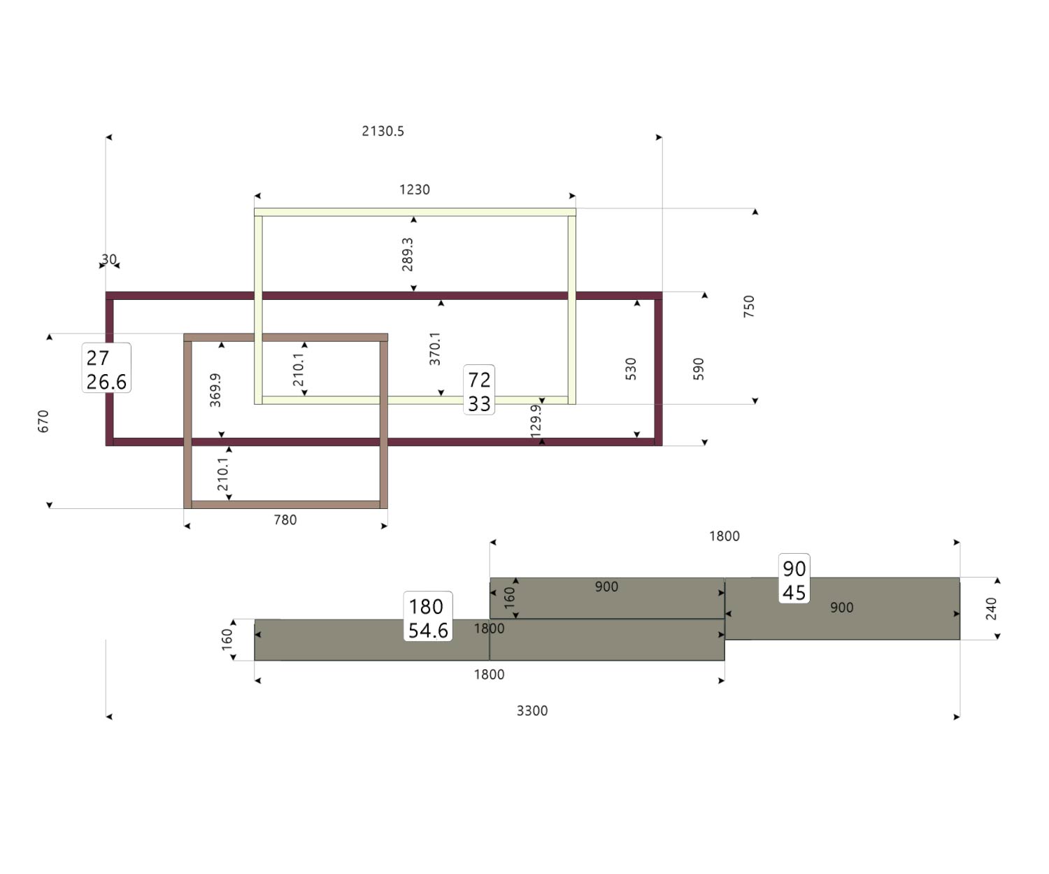 Livitalia Design wandmeubel C59 Schets Maten Maten Afmetingen