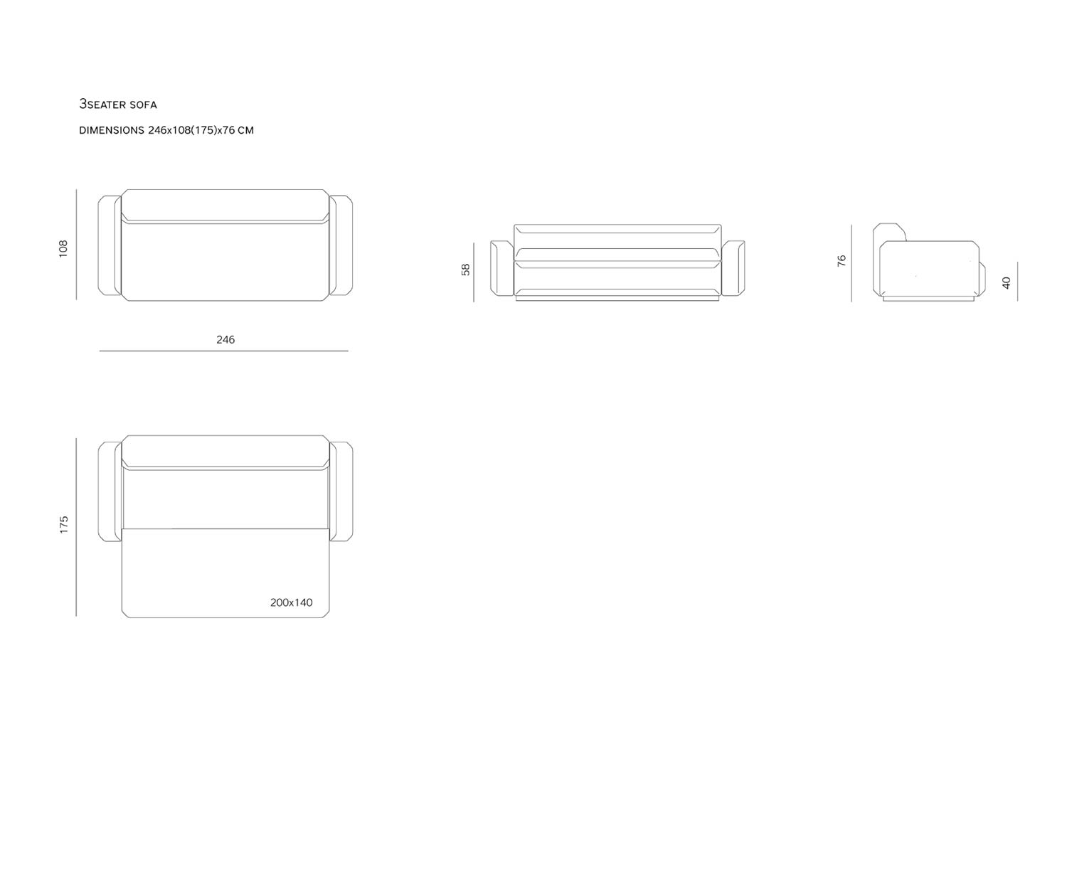 Prostoria Design slaapbank Fade 3 zits schets afmetingen